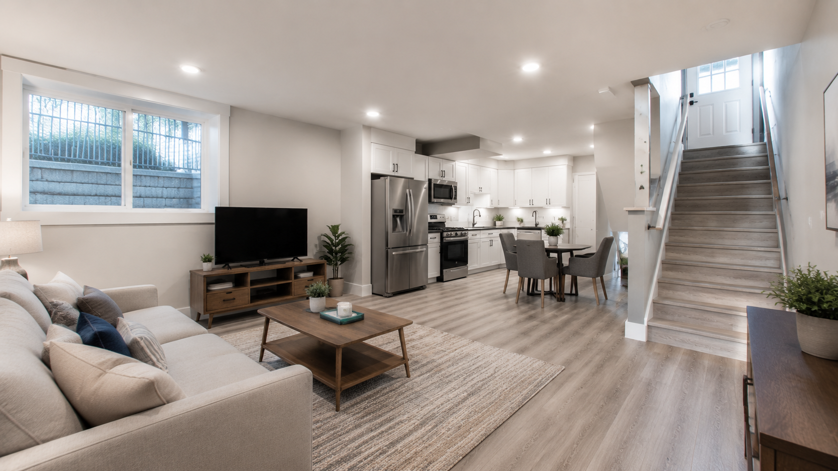 Basement ADU apartment living area with a sofa and an adjoining kitchenette