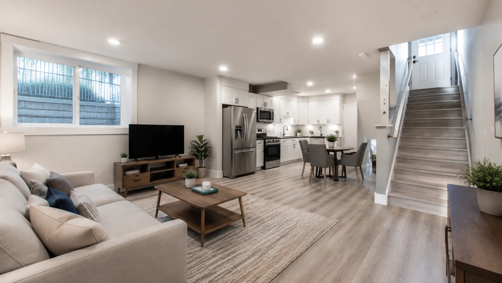 Basement ADU apartment living area with a sofa and an adjoining kitchenette